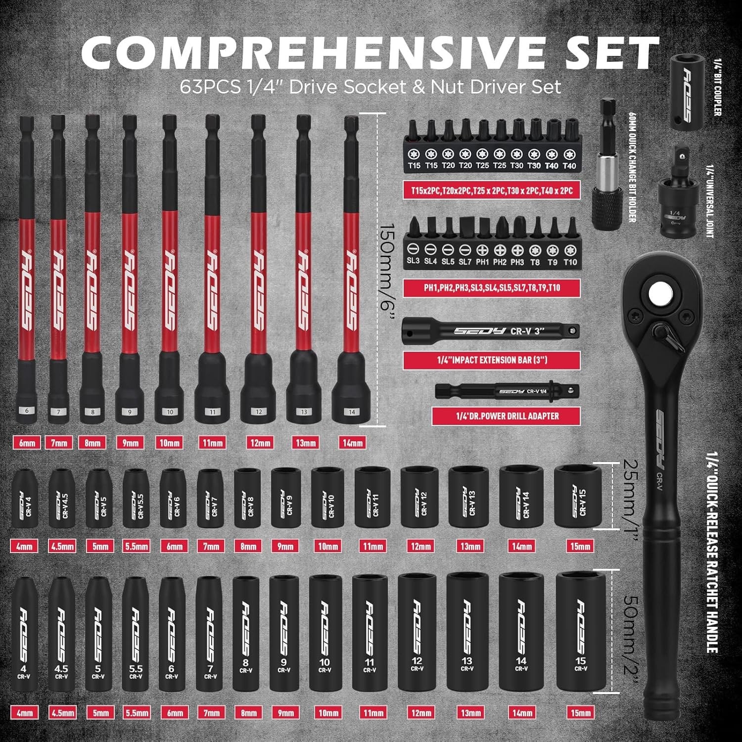 Durable 63-Piece Socket Set with Magnetic Drivers for Home and Automotive Use