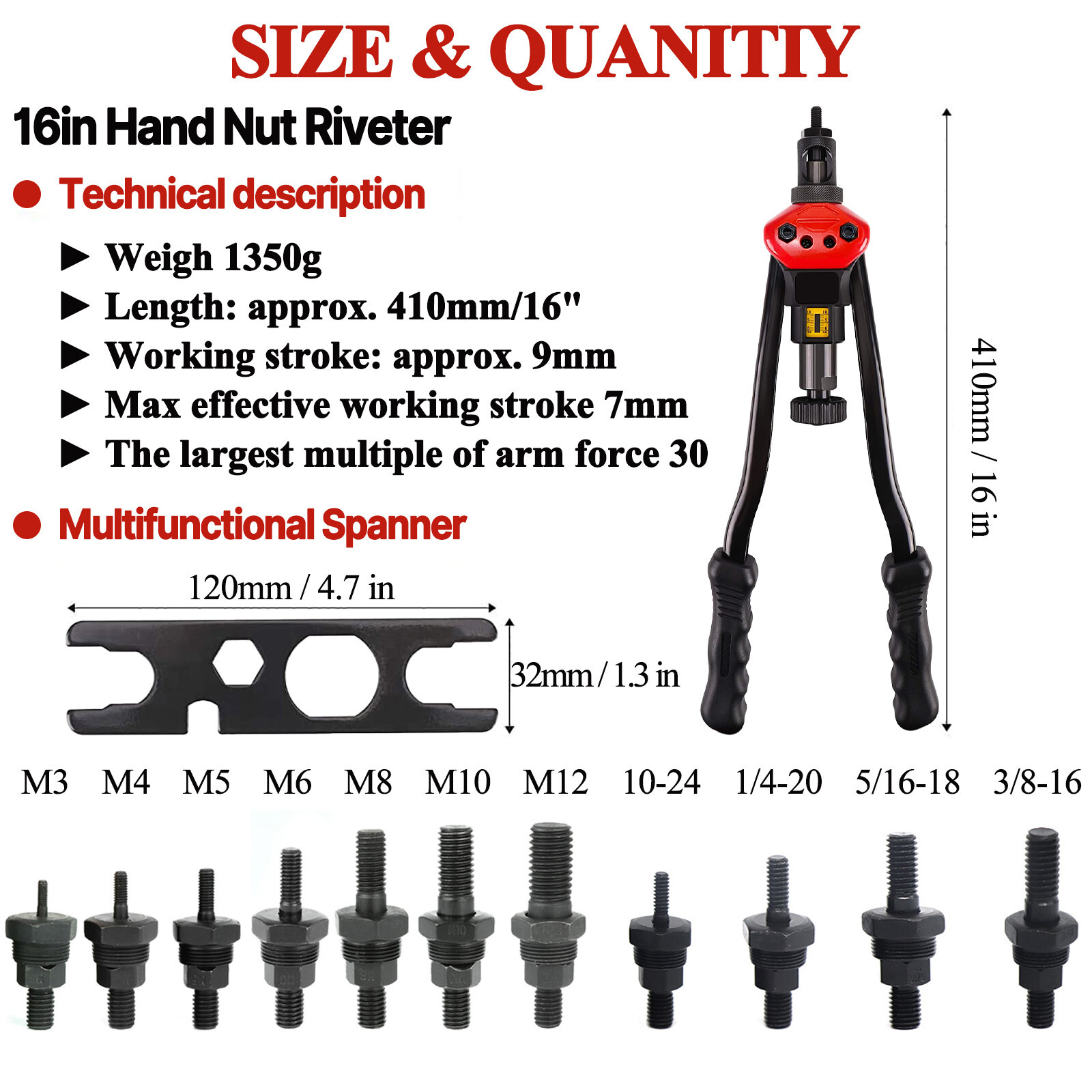 16″ Rivet Nut Tool Kit w/ 11PC Metric & SAE Mandrels Thread Setting Tool Setter