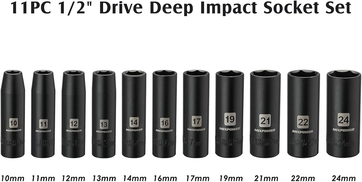 High-Torque 11-Piece 1/2-Inch Drive Deep Impact Socket Set, Metric Sizes 10-24mm