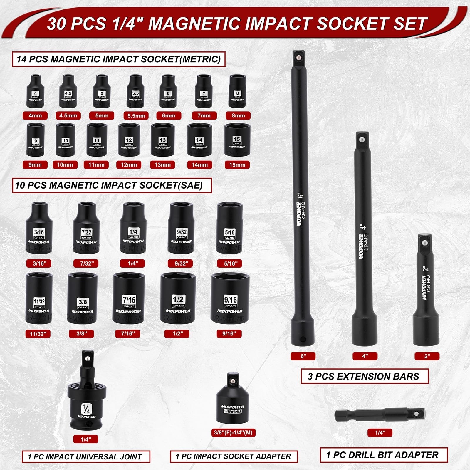 30 PCS 1/4″ Drive Magnetic Impact Socket Set, 6-Point Metric/SAE, Adapter & Exte