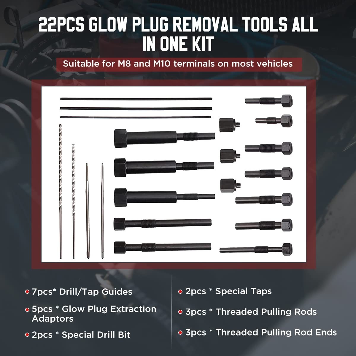22PCS Glow Plug Removal Tool Kit – High Hardness M8 & M10 Extraction Tools, Easy
