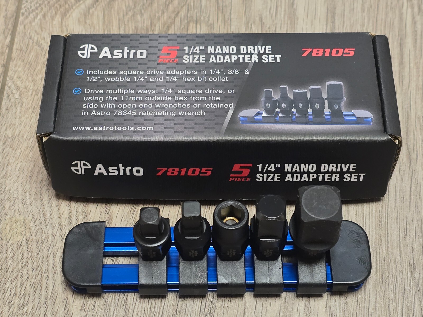 Astro Tools 5pc Nano Dual Drive (1/4″ & 11mm) Socket Adapter Set w/Rail #78105