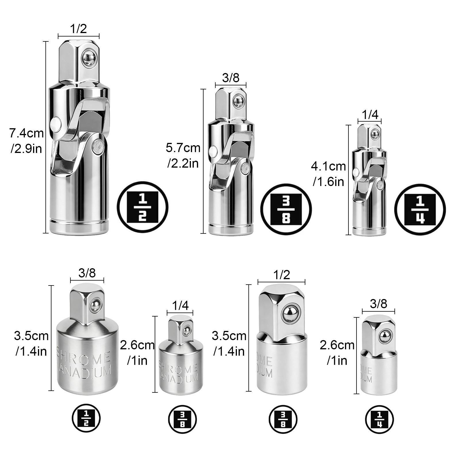 6PCS 1/4″ 3/8″ 1/2″ Drive Swivel Impact Universal Joint Sockets Adapter Tool Set