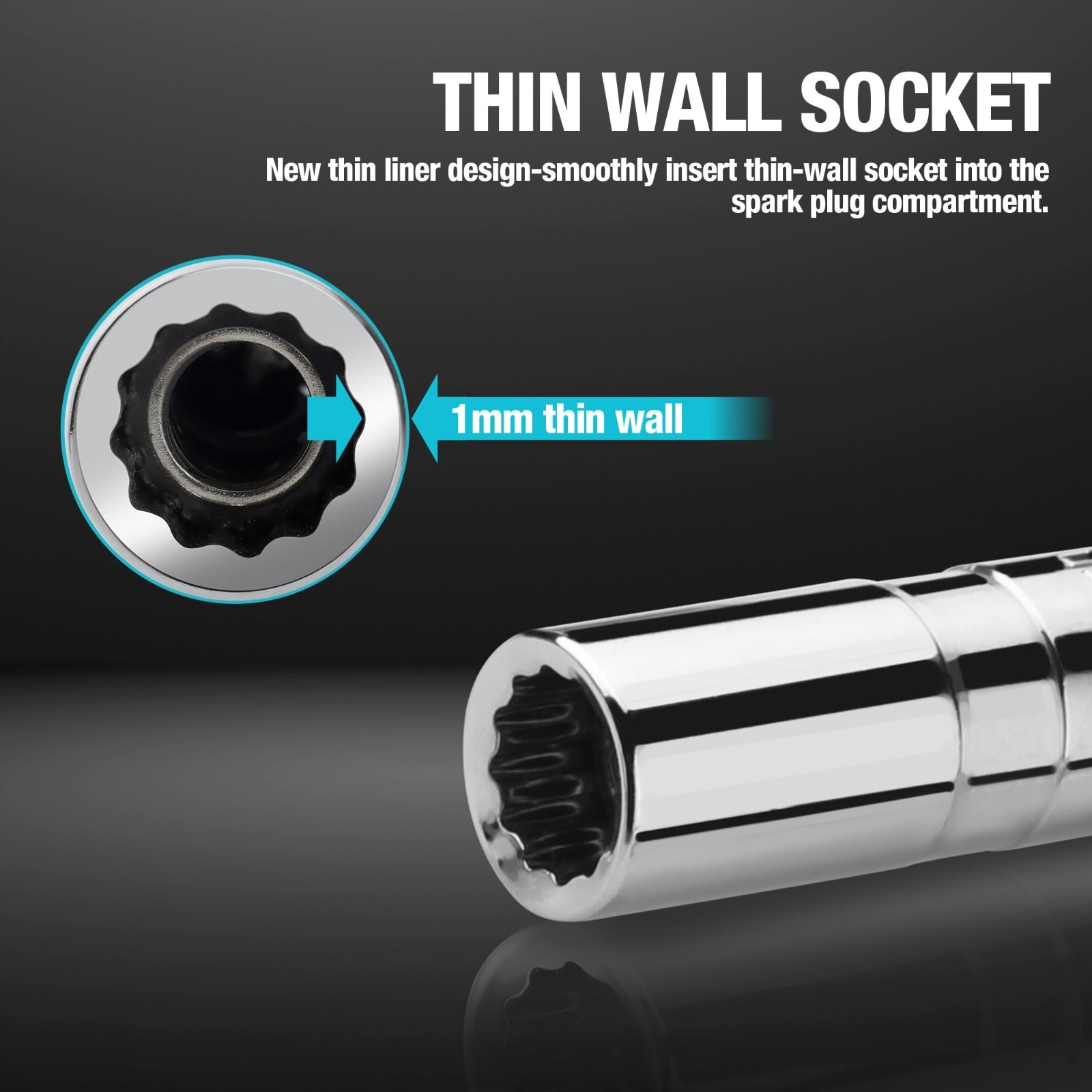 5PCS Magnetic Spark Plug Socket Set, 3/8″ Drive Thin Wall, Cr-V Steel, 6-Point &