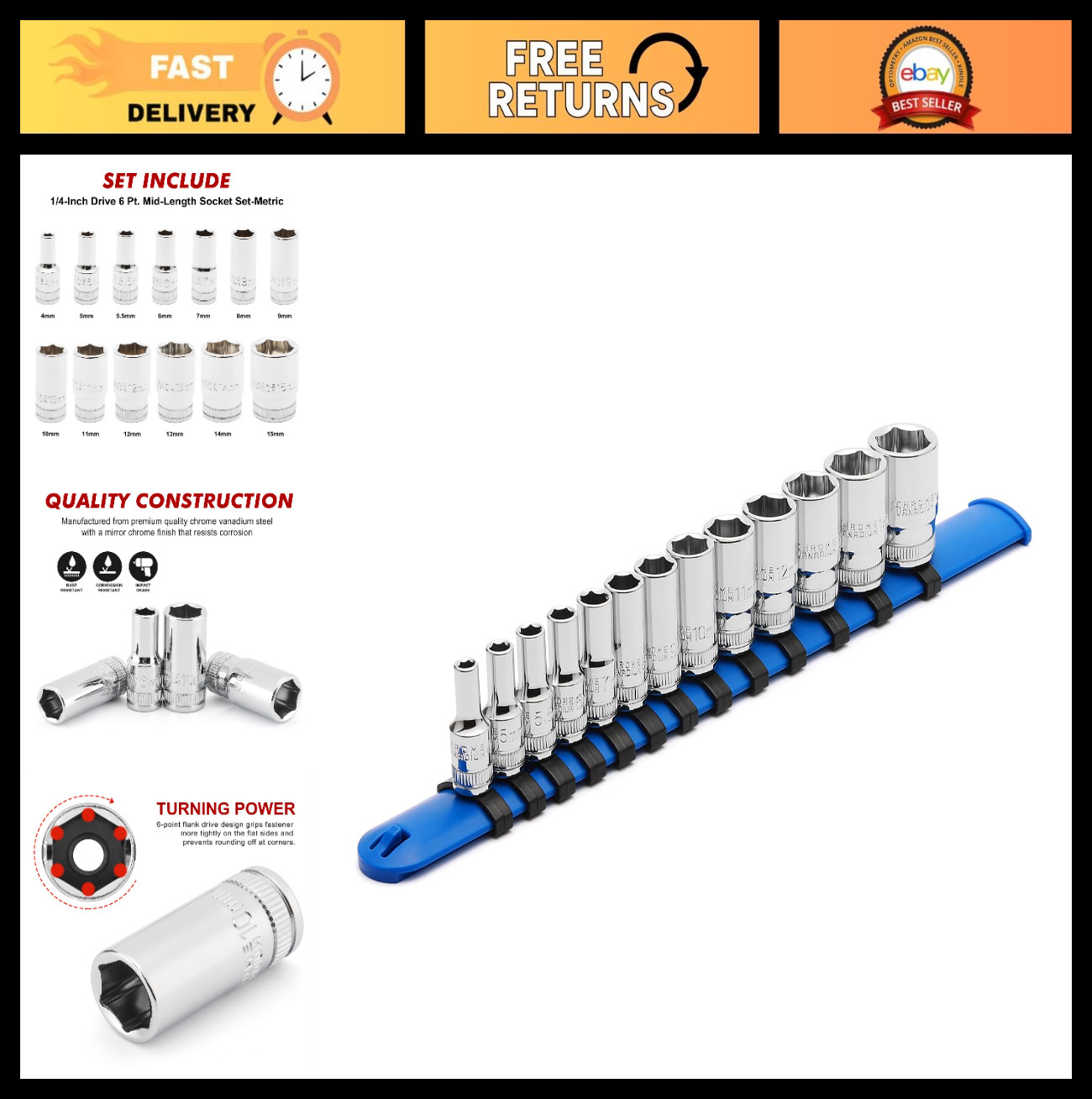 13PCS 1/4″ Drive Mid-Length Socket Set, 6-Point, Chrome Finish, Metric 4mm-15mm