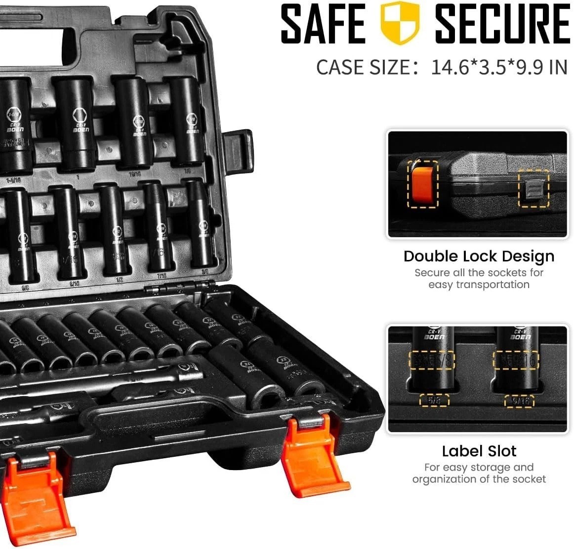 Durable 35-Piece Chrome Vanadium 1/2″ Drive Impact Socket Set with Extensions