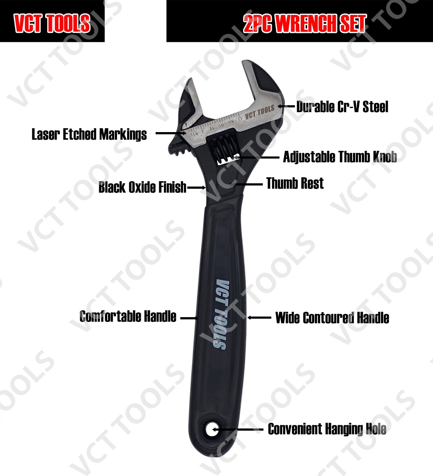 2PC Wide Jaw Adjustable Wrench Set 6″ & 10″ Metric & SAE Heavy-Duty Steel