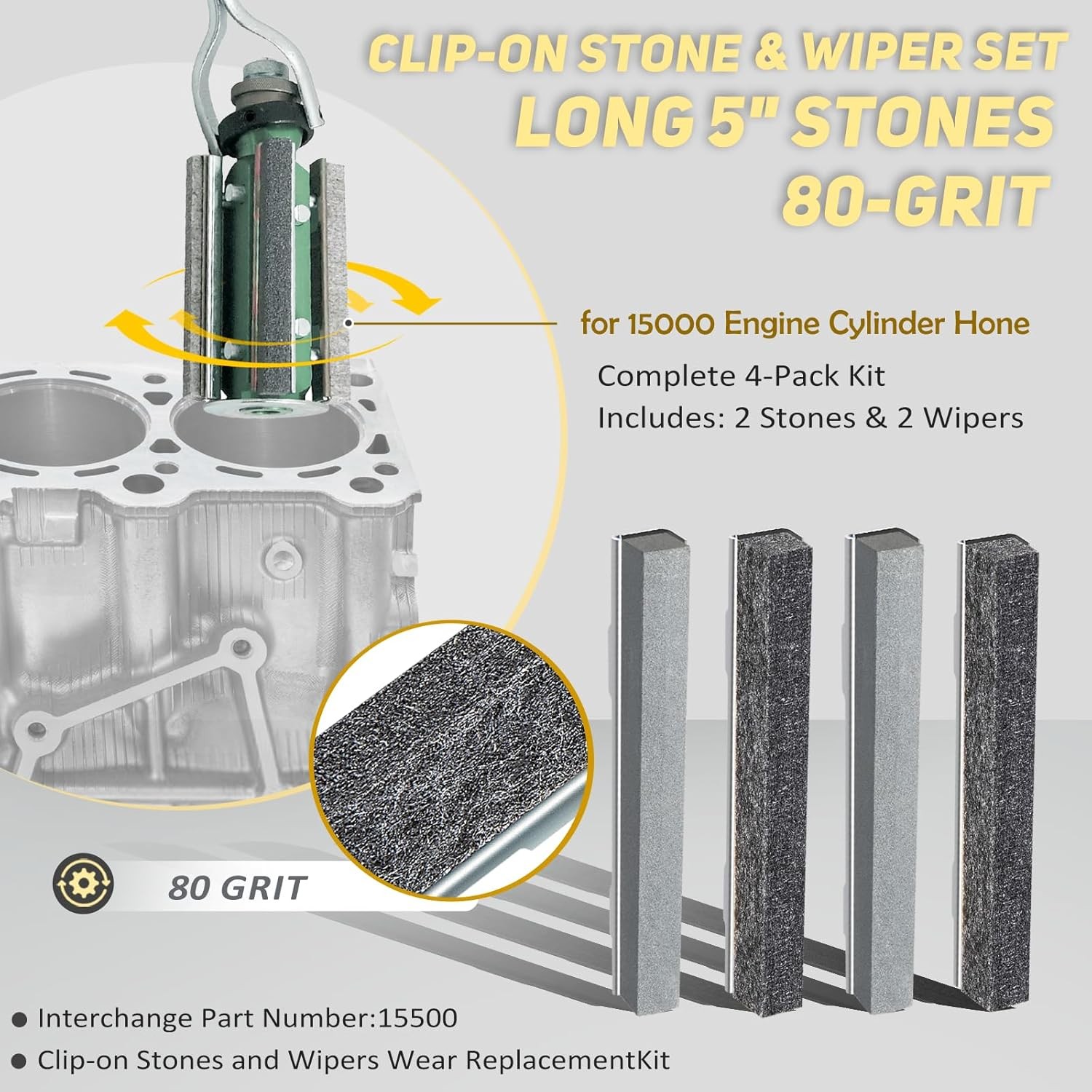 15500 Engine Cylinder Hone Replacement Stones 5-Inch long 80 Grit 4 -Pack