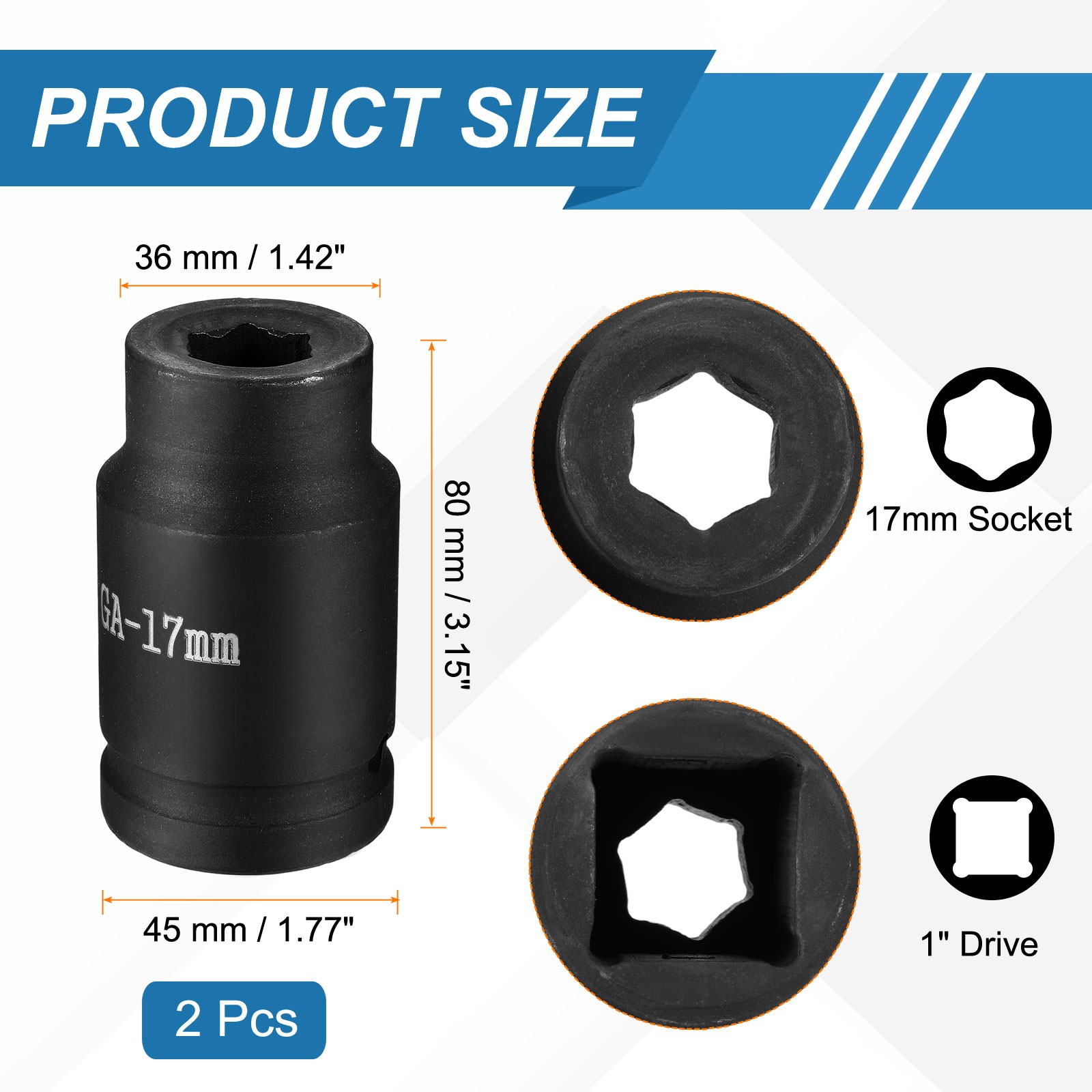 2pcs 1 Inch Drive 17mm 6 Point Impact Socket Chromium Vanadium Steel