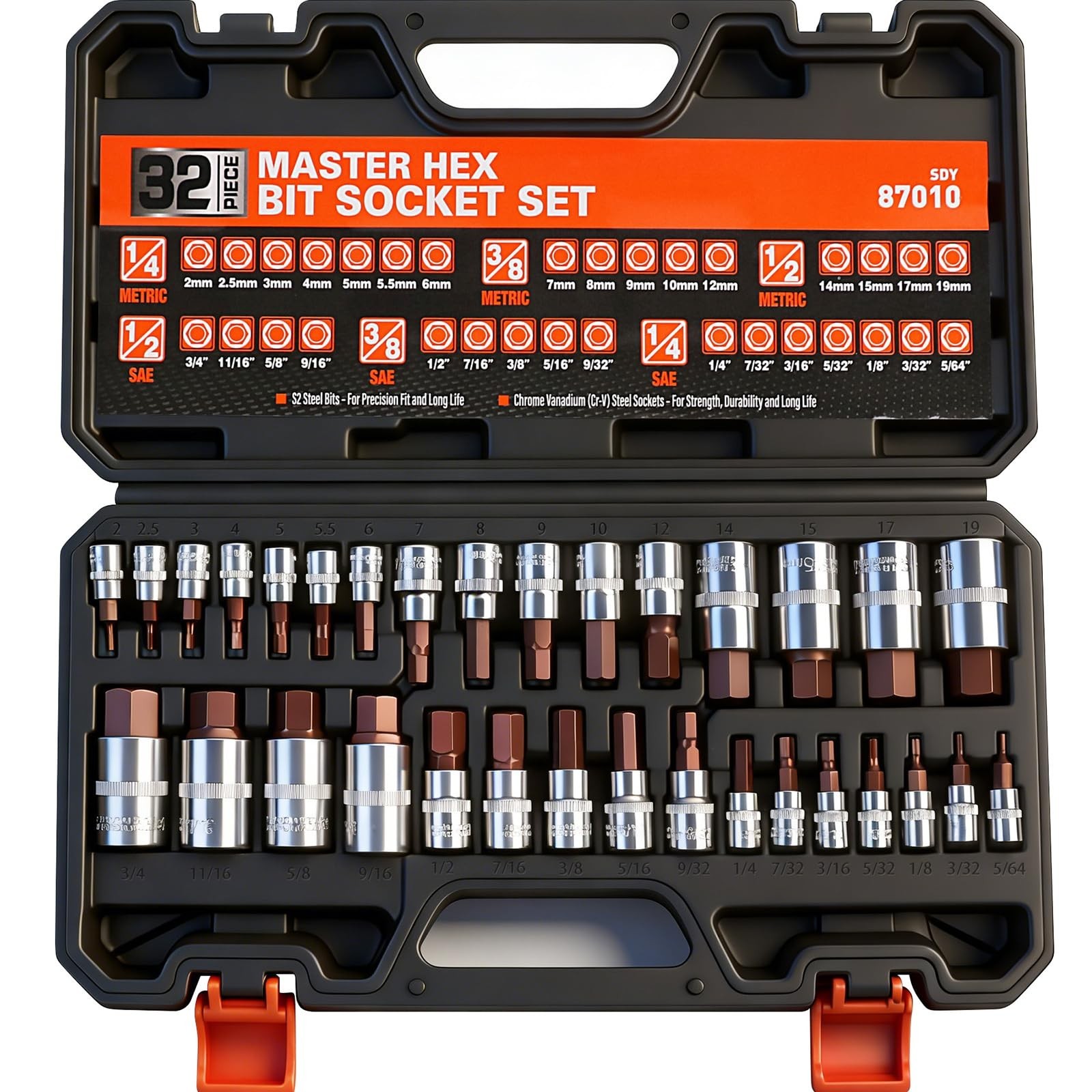 32-Piece High Torque Hex Bit Socket Set, SAE & Metric, S2 Steel, Durable Case, 1