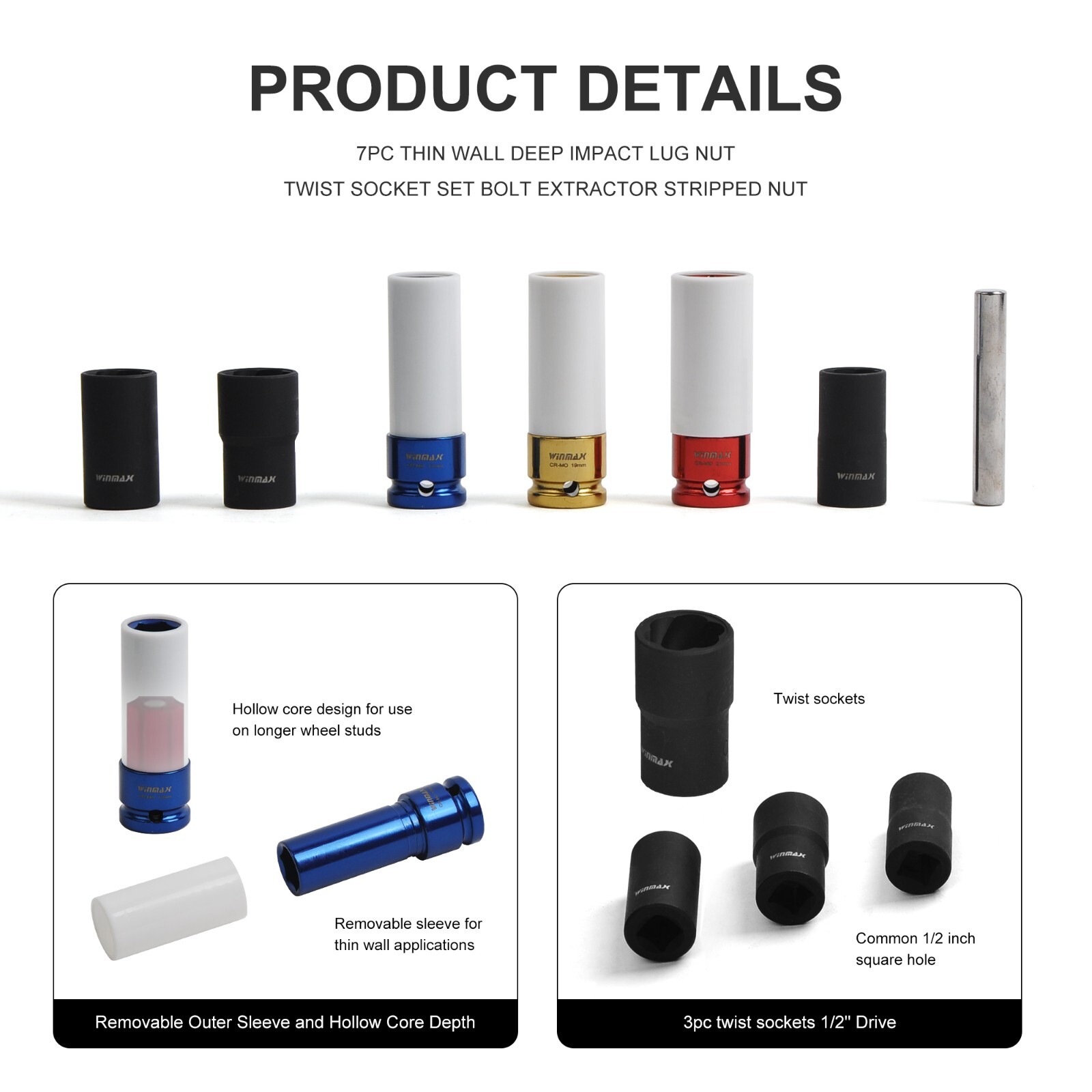 Thin Wall Deep Impact Lug Nut & Twist Socket Set Bolt Extractor Stripped Nut Kit