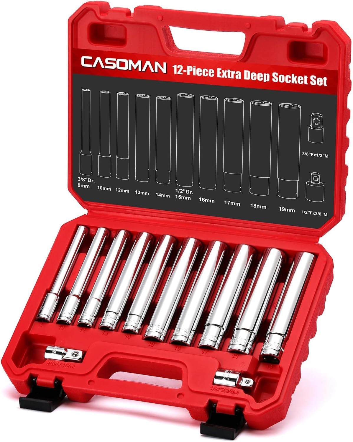 12-Piece Deep Socket Set 3/8 & 1/2 Inch Drive Chrome Vanadium with Case