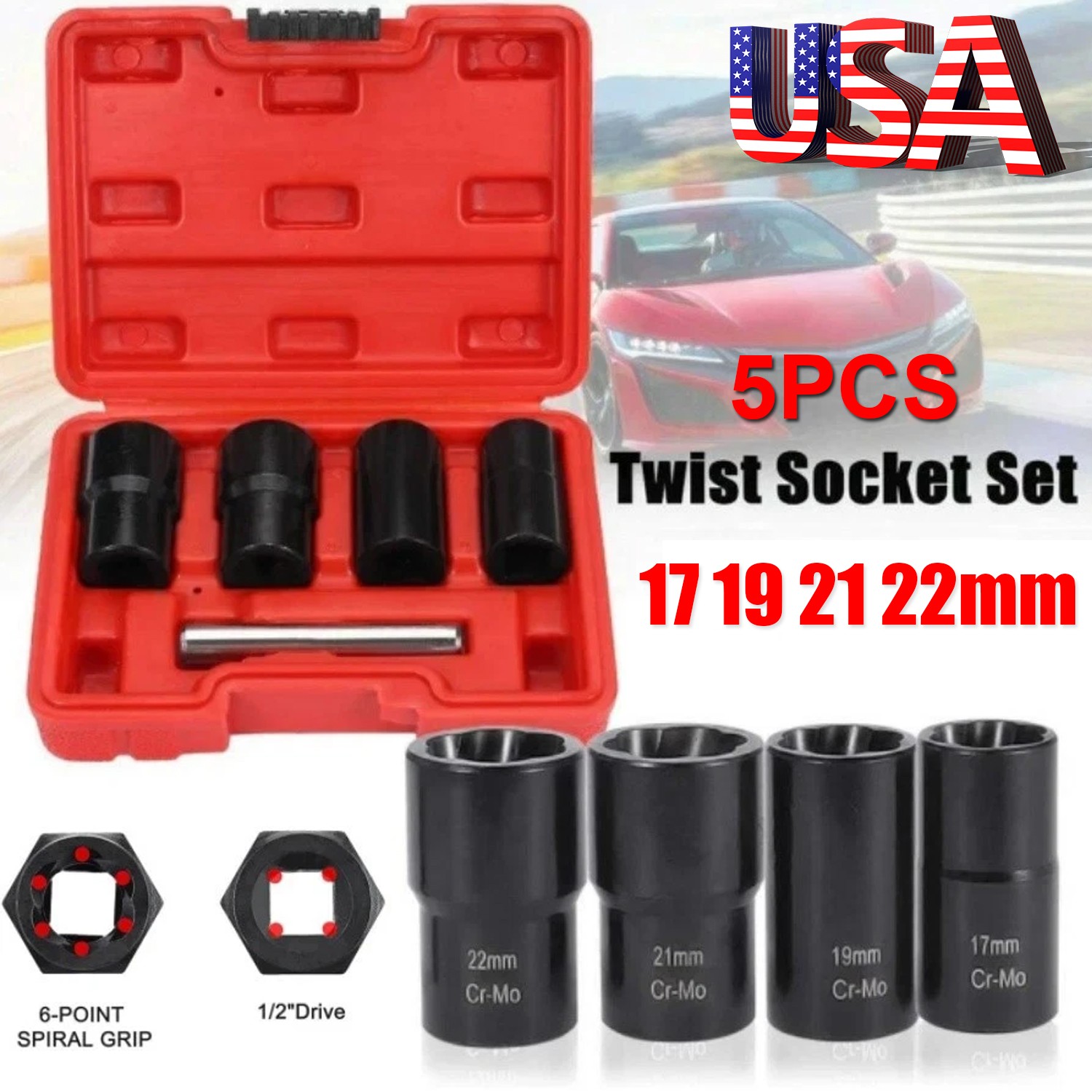5Pcs Twist Socket 1/2” Drive For Wheel Lug Nut Damaged Removal and Extractor