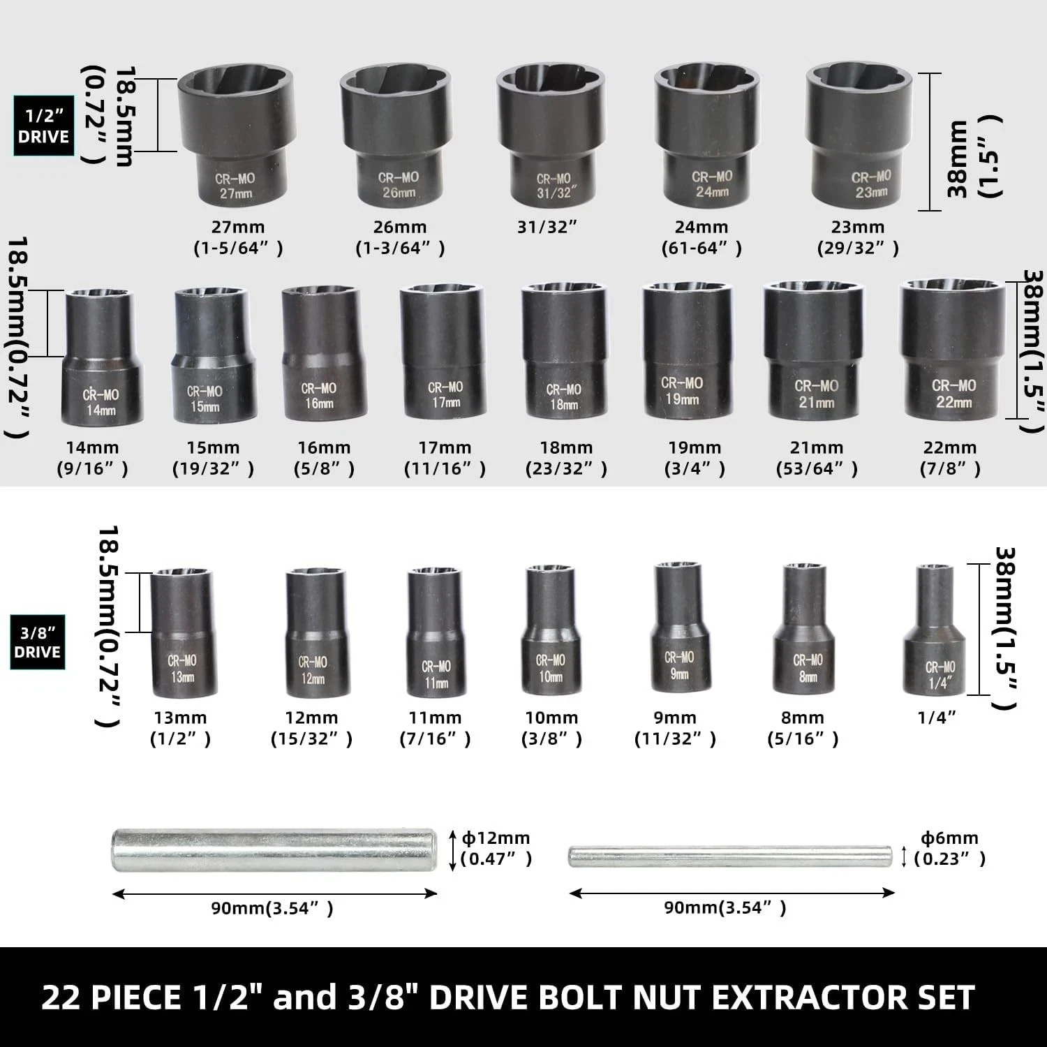 22 Piece Bolt Nut Extractor Set, 1/2″ and 3/8″ Drive Impact Lug Nut Remover S…