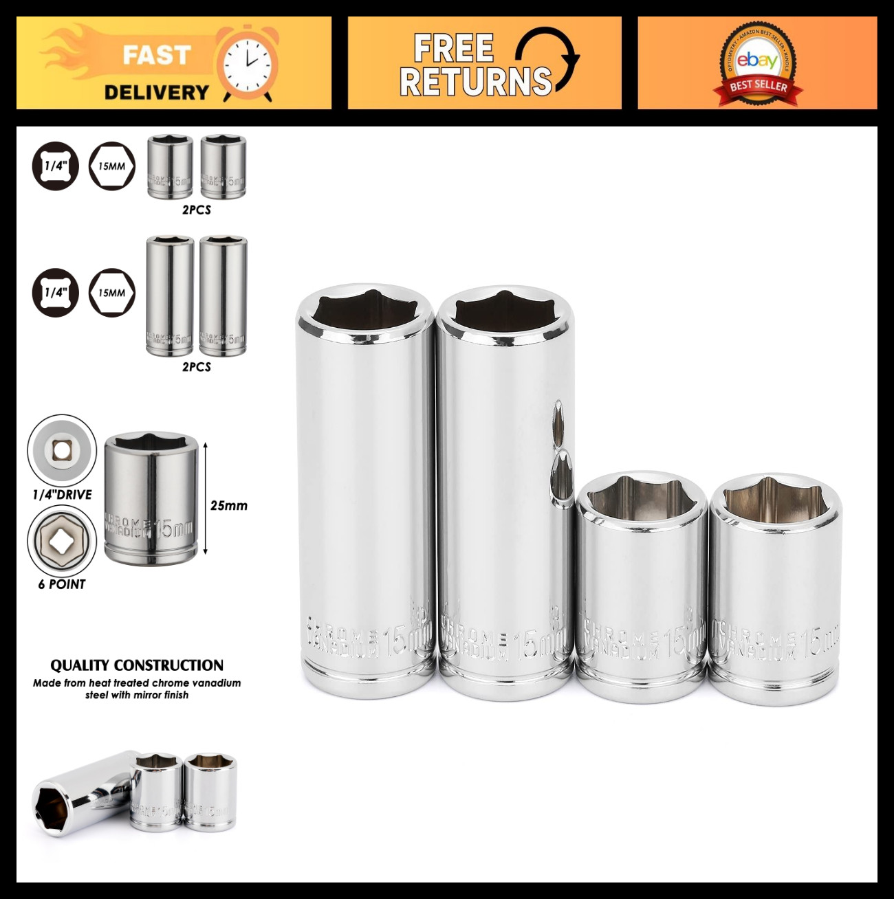 4PCS 1/4″ Drive 15mm Deep & Shallow Socket Set, 6 Point Cr-V Steel Tools