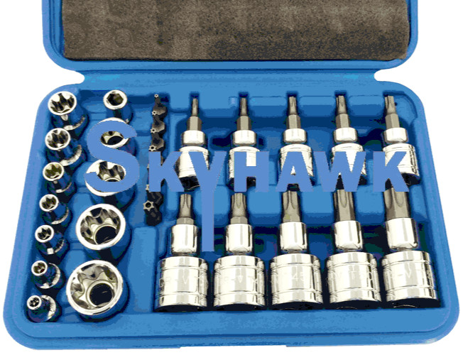 29-PC 1/4″ 3/8″ 1/2″ DR TORX female male Socket Bit Set tamper proof bits w/case