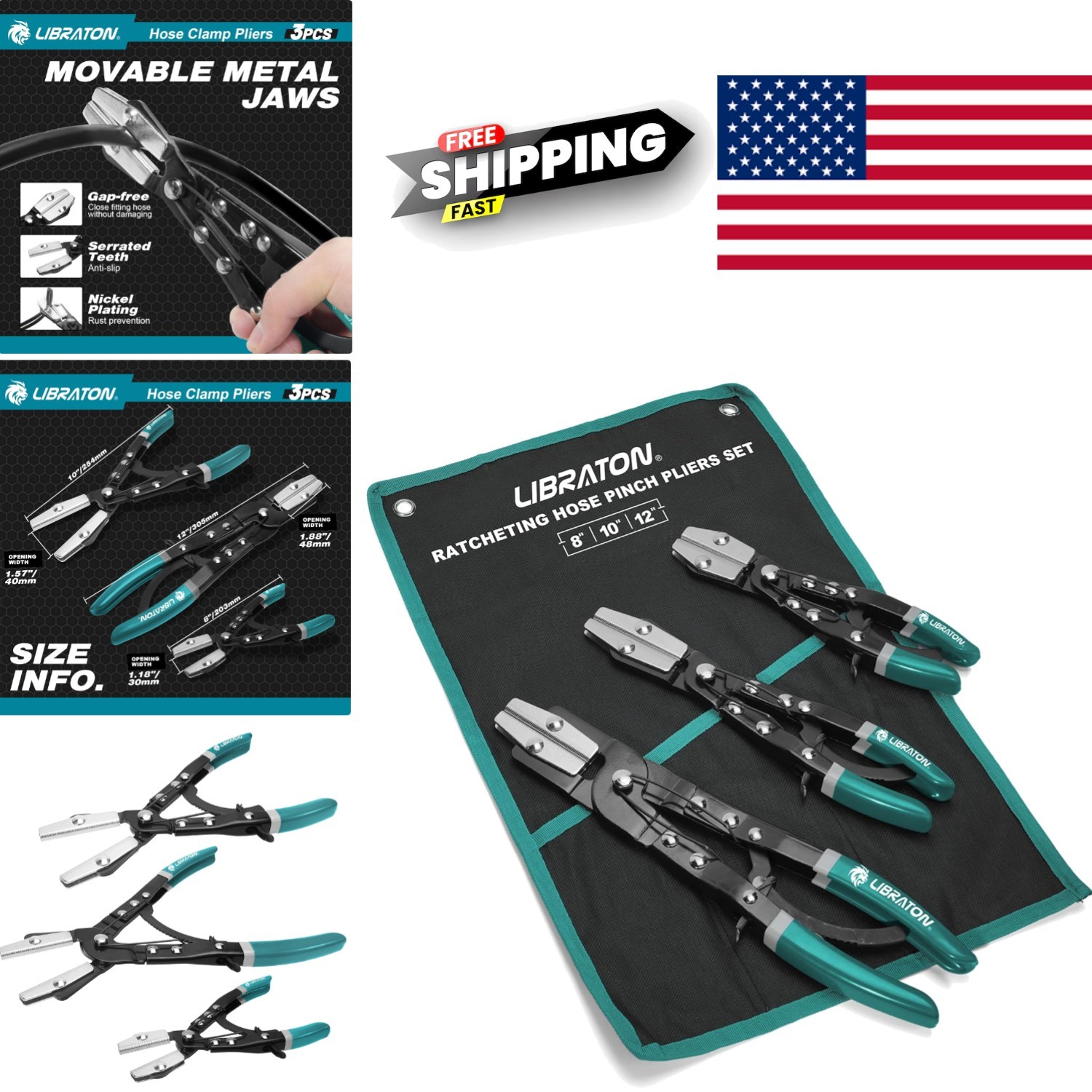 Automotive Hose Pinch Pliers Set with Ratcheting Grip and Non Damaging Jaws