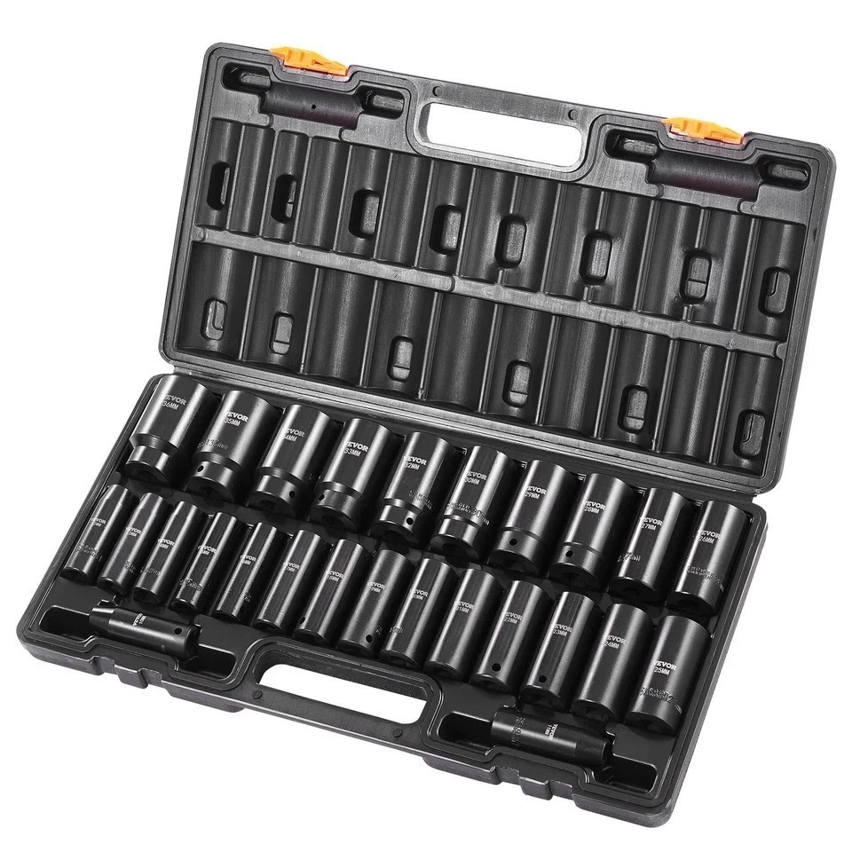 Impact Sockets Set 1/2 Inch Drive 26 PCS Metric 10mm – 36mm Deep 6-Point