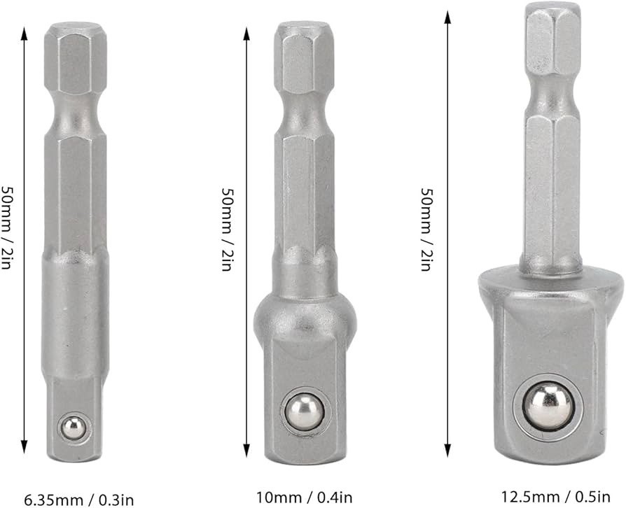 3 Pcs Power Drill Adapter Socket 1/4in 3/8in 1/2in Hex Shank Square Head Drill