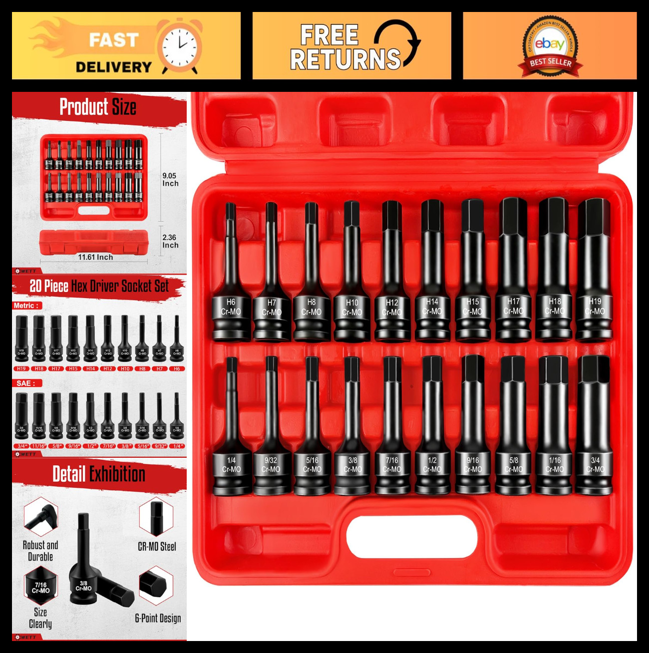 20-Piece 1/2″ Drive Impact Hex Bit Socket Set, Cr-Mo Steel, SAE & Metric Sizes