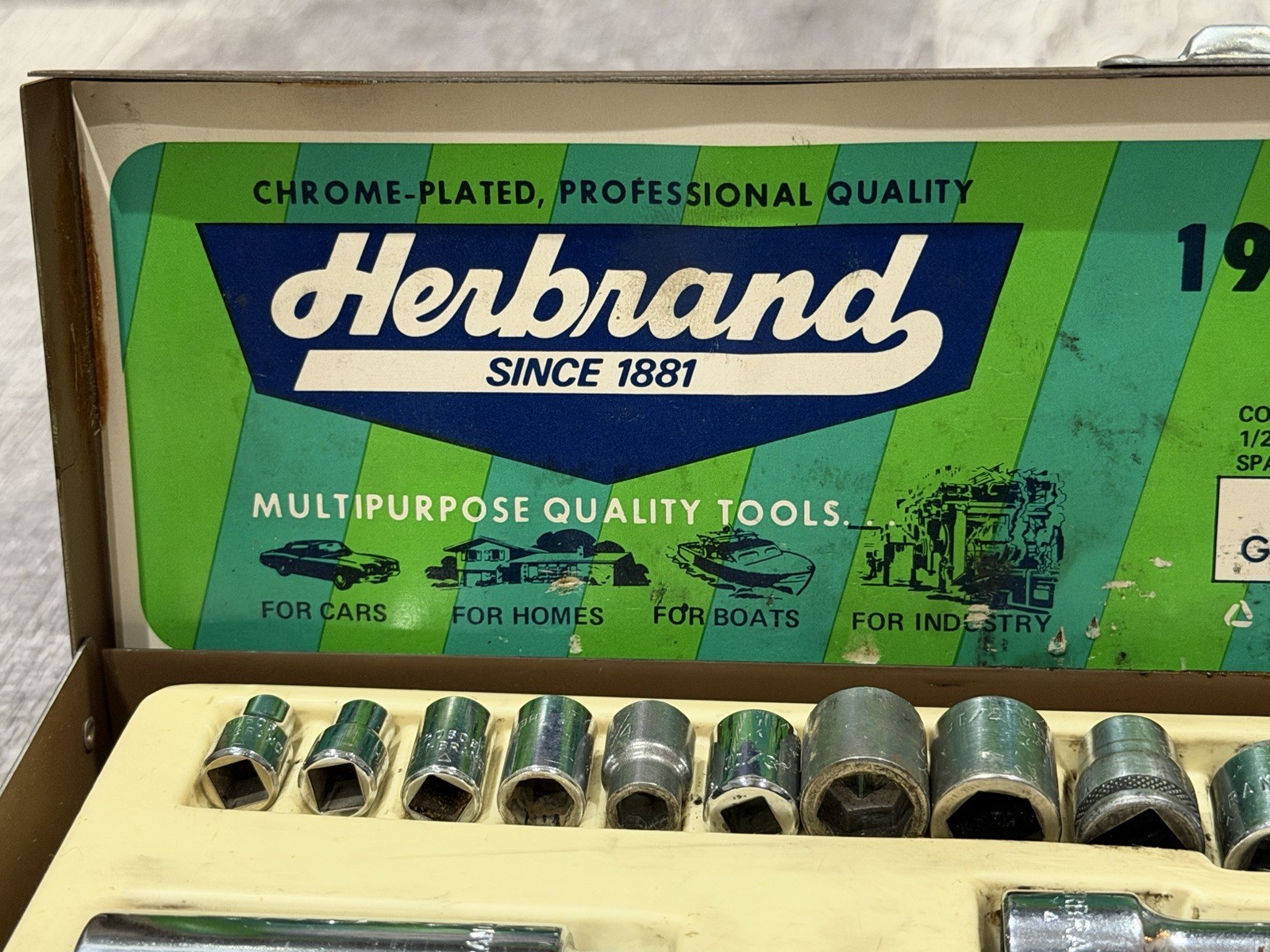 VINTAGE Herbrand 19PC 1/4” & 3/8″ Chrome Plated Drive Socket Set (09019)/USA