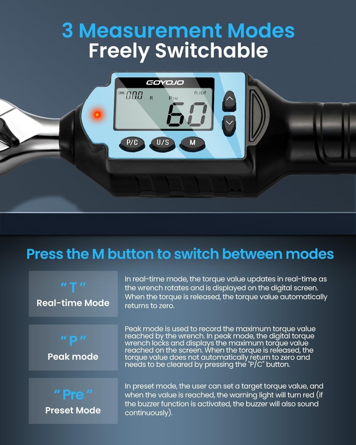Digital Torque Wrench 60Nm&44.25 ft/lb High-Precision 3/8-Inch Drive Auto Repair