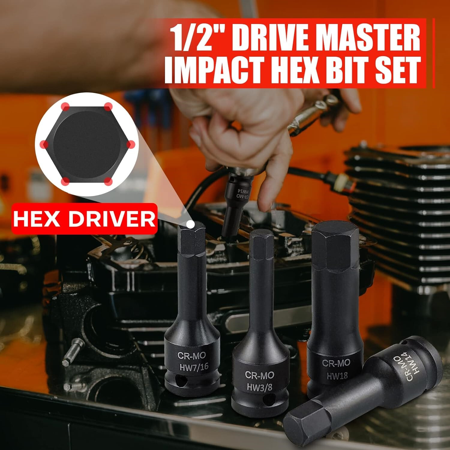 1/2″ Drive Master Impact Hex Bit Set SAE Metric Hex Head Driver Allen Bit Socket