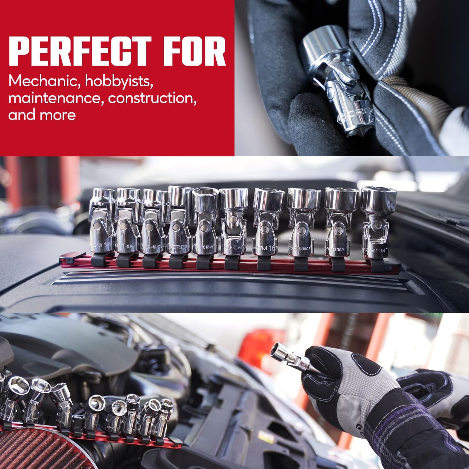 10pc 3/8″ Drive Metric Flex Socket Set 10–19mm 6-Point Swivel w/ Rail