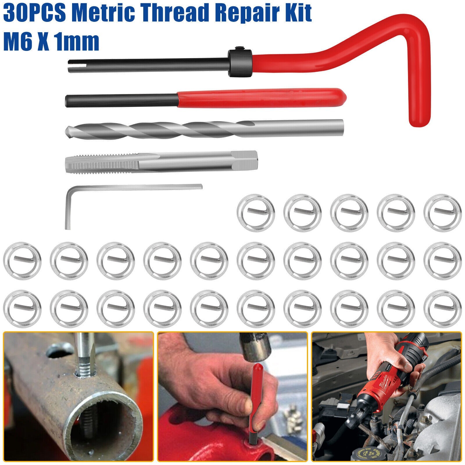 30 Piece M6 x 1.0mm Thread Repair Kit, HSS Drill Helicoil Kit Helicoil Repair US