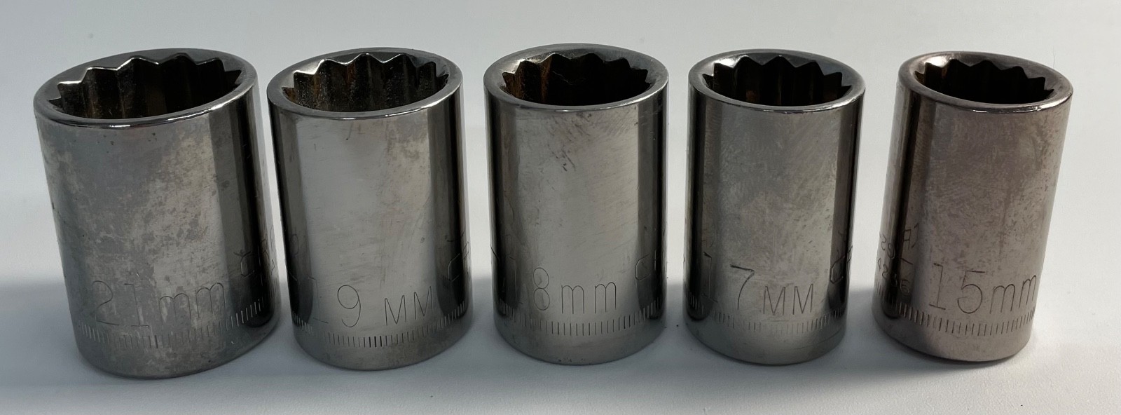Craftsman – Lot Of 5 Metric Sockets, 1/2″ Drive – 21mm, 19mm, 18mm, 17mm, 15mm
