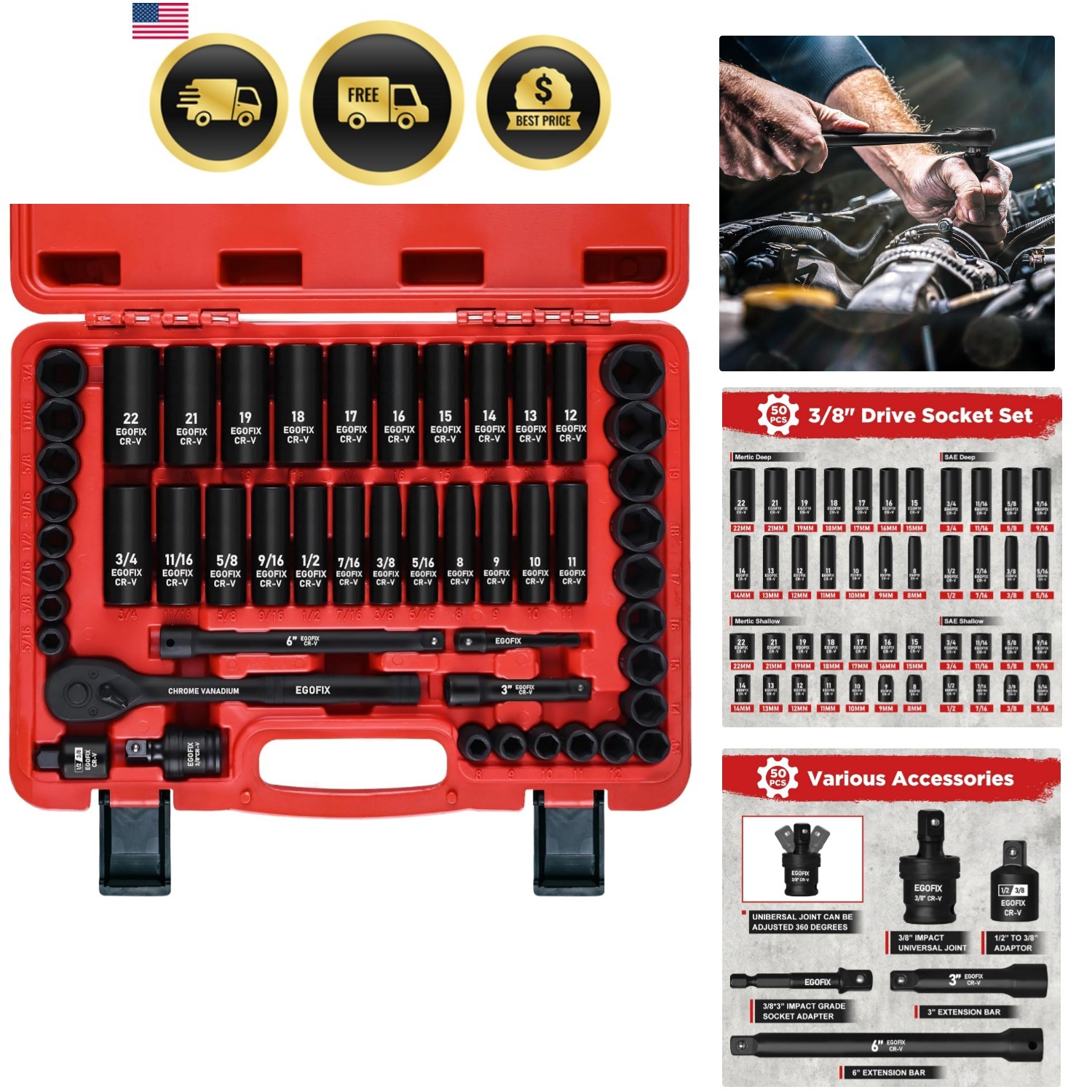 3/8″ Drive Impact Socket Set, 50 Piece Standard SAE 5/16 to 3/4 inch and Metr…