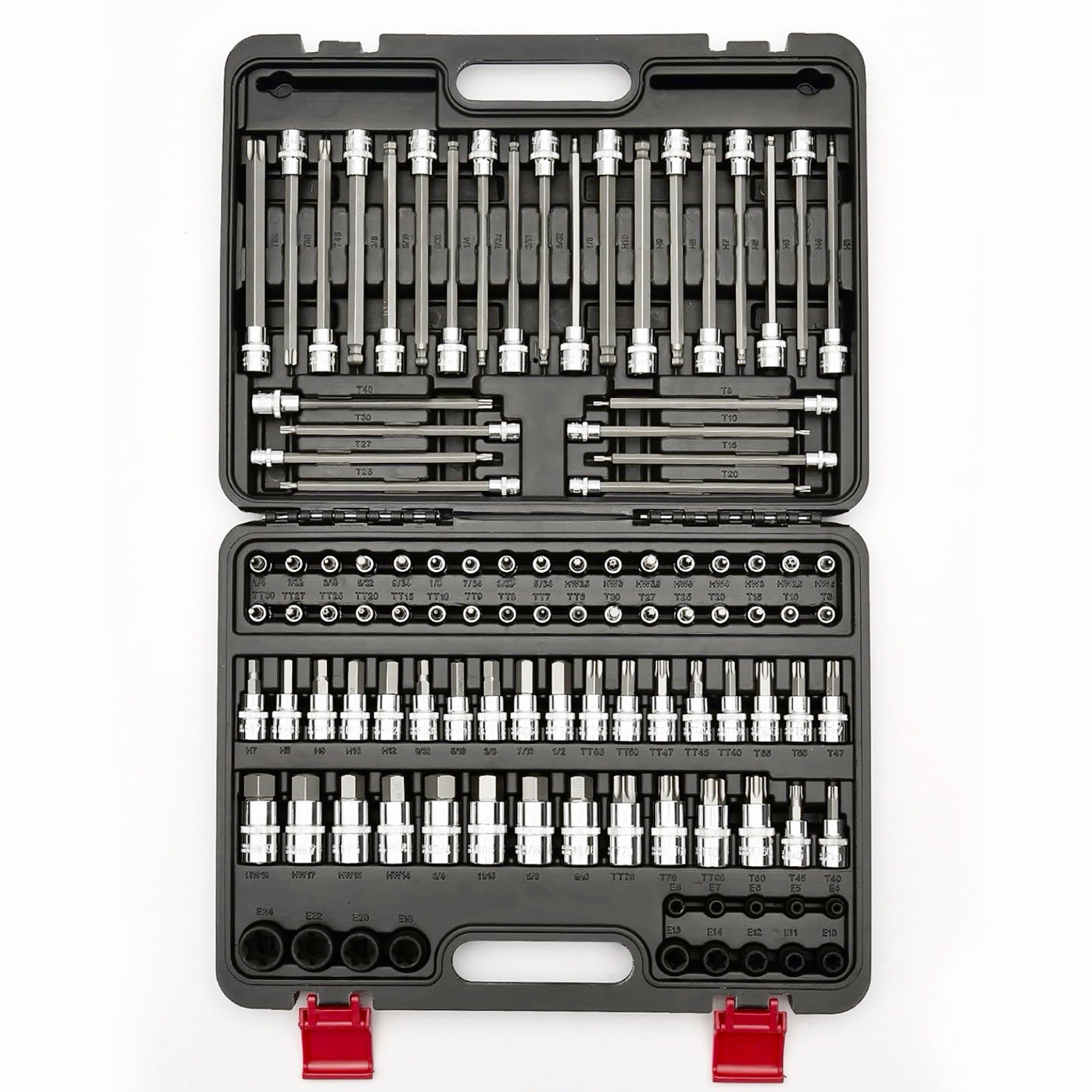 107-Piece Master Torx & Allen Bit Socket Set, S2 Steel, 1/4″ 3/8″ 1/2″ Drive