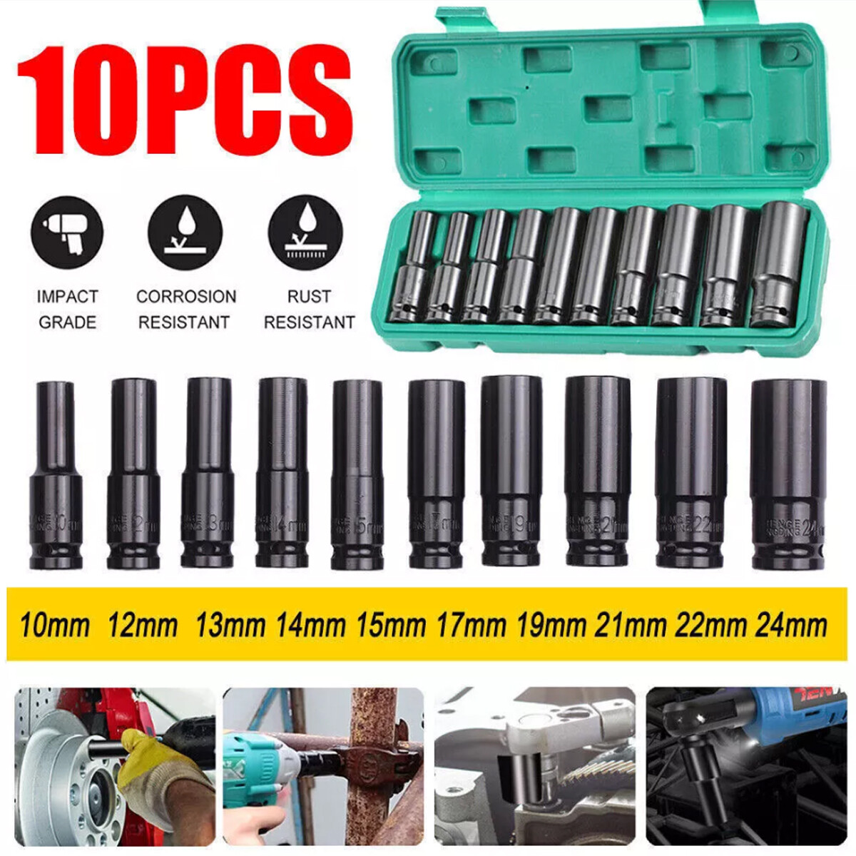 10PCS 1/2″ Deep Impact Socket Set Drive 6 Point Metric Garage Tool 10 – 24mm US