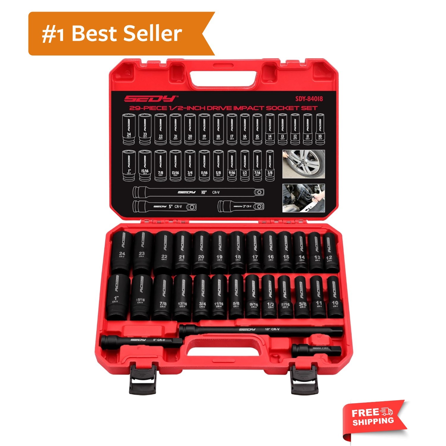 29-Piece 1/2″ Drive Impact Socket Set, SAE 3/8 to 1 inch and Metric 10-24mm S…