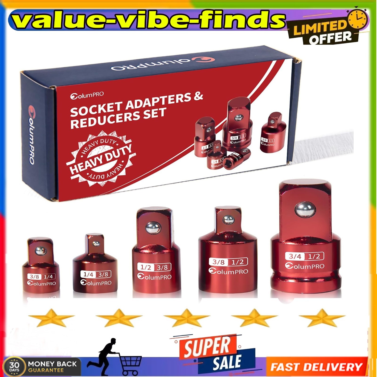5PCS Impact Socket Adapter Converter&Reducer3/4, 3/8, 1/2, 1/4, 1/4 to 3/8