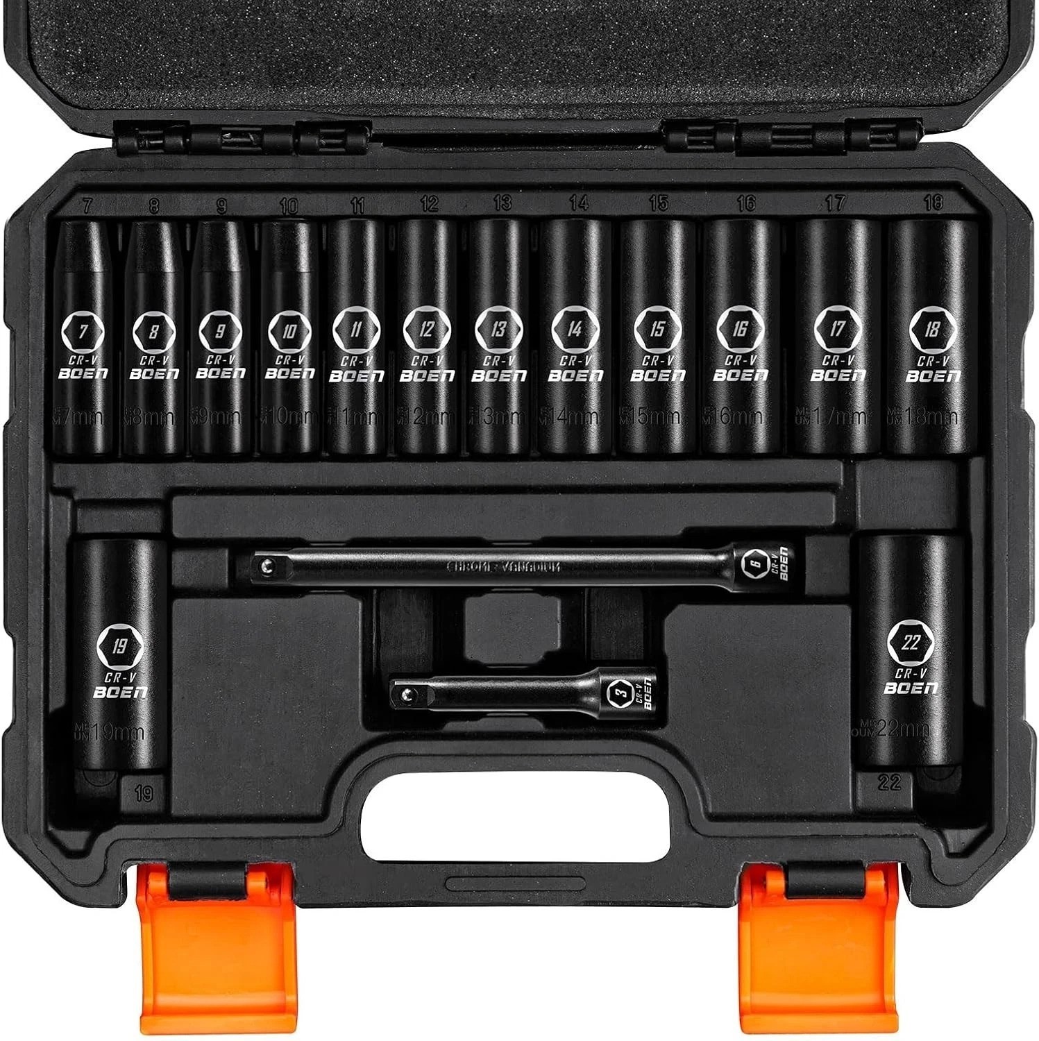 16-Piece Metric Impact Socket Set 7-22mm with Extensions in Heavy-Duty Case