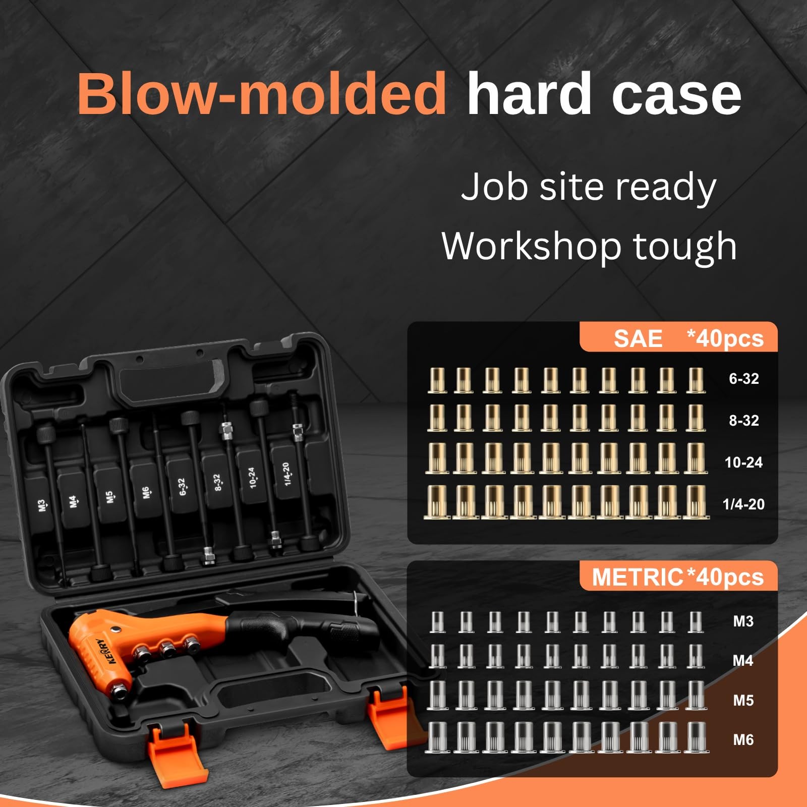 Kerry Rivet Nut Gun Tool, One-Handed Riveters 9.5″ 9.5”, Orange and Black