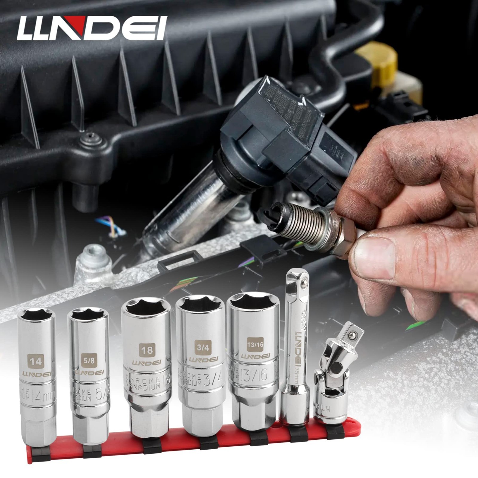 7PCS Spark Plug Socket Set 3/8″ Drive, 14mm 18mm 5/8″ 3/4″ 13/16″, Thin Wall CR-