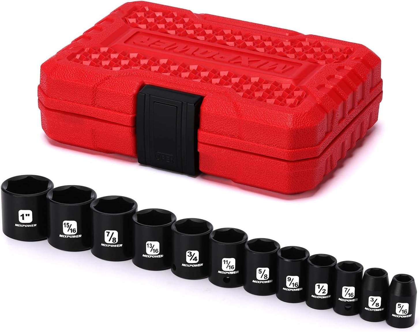 3/8-Inch Drive Shallow Impact Socket Set, 12 Pc, SAE, 6 Point, Black Phosphate
