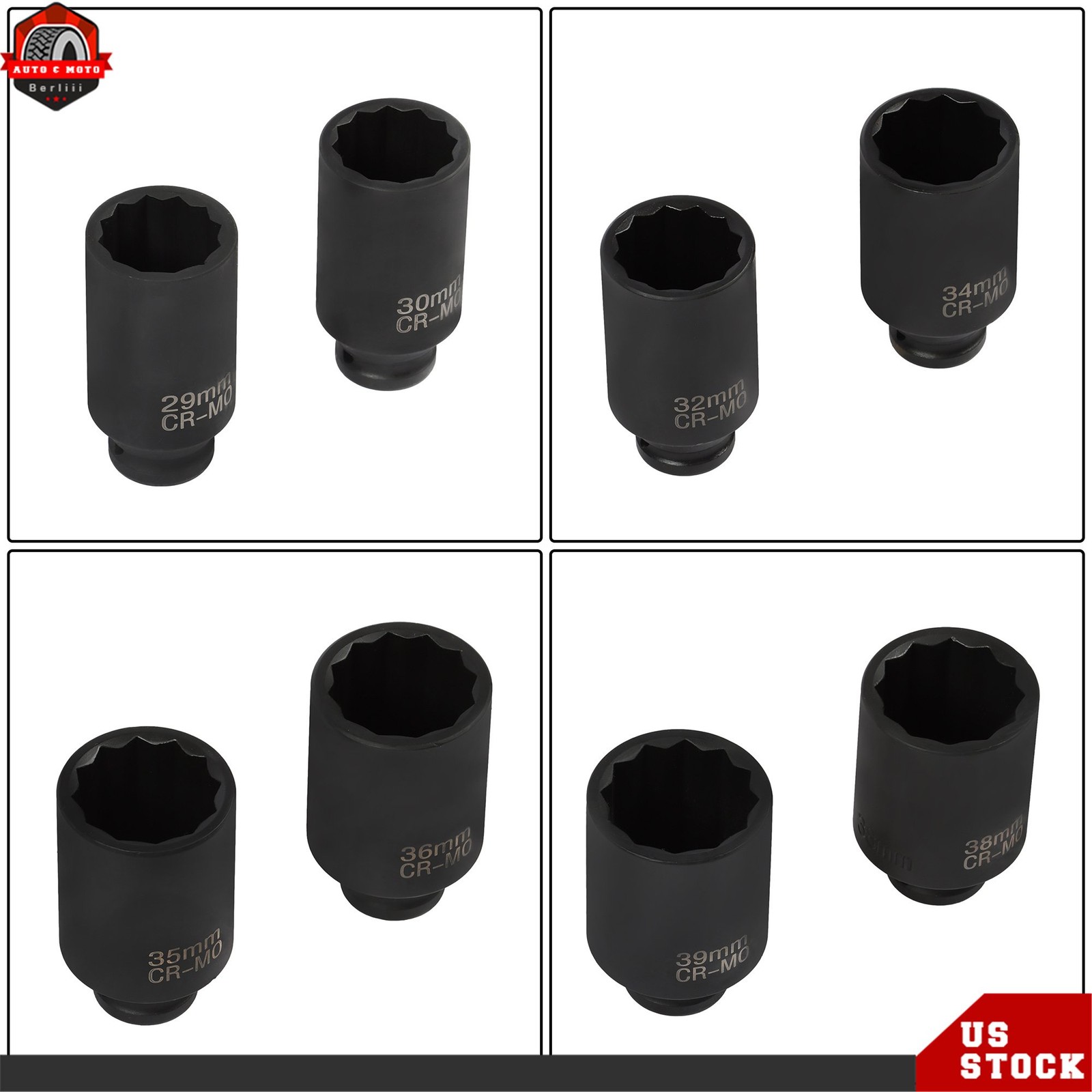 12 Point 1/2-Inch Drive Deep Spindle Axle Nut Impact Socket Set 29mm-39mm