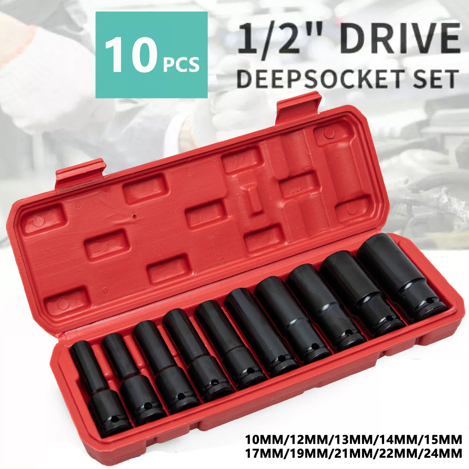 10pcs Metric Deep Impact Socket 1/2″ Drive 10mm-24mm 6 Point Sockets w/ Case-Set