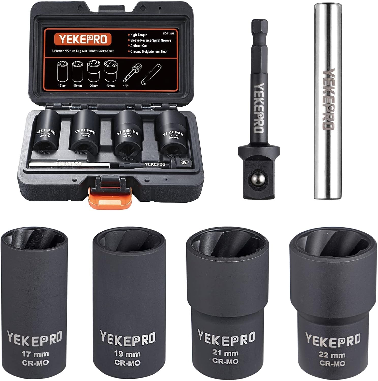Durable Bolt Extractor Set – 6-Piece 1/2-Inch Drive Lug Nut Remover Kit