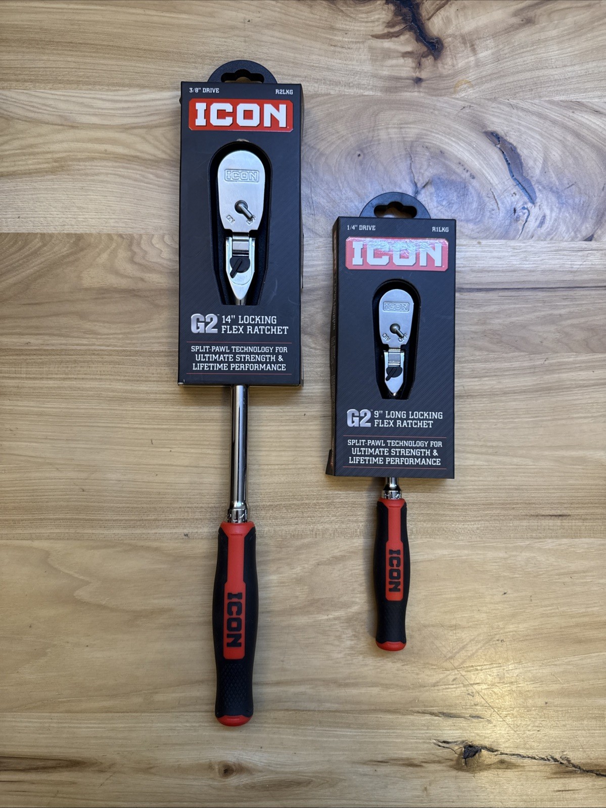 Icon G2 Ratchets 1/4” 9” R1LKG Flex Head , 3/8 Drive R2LKG 14” Locking Flex Head