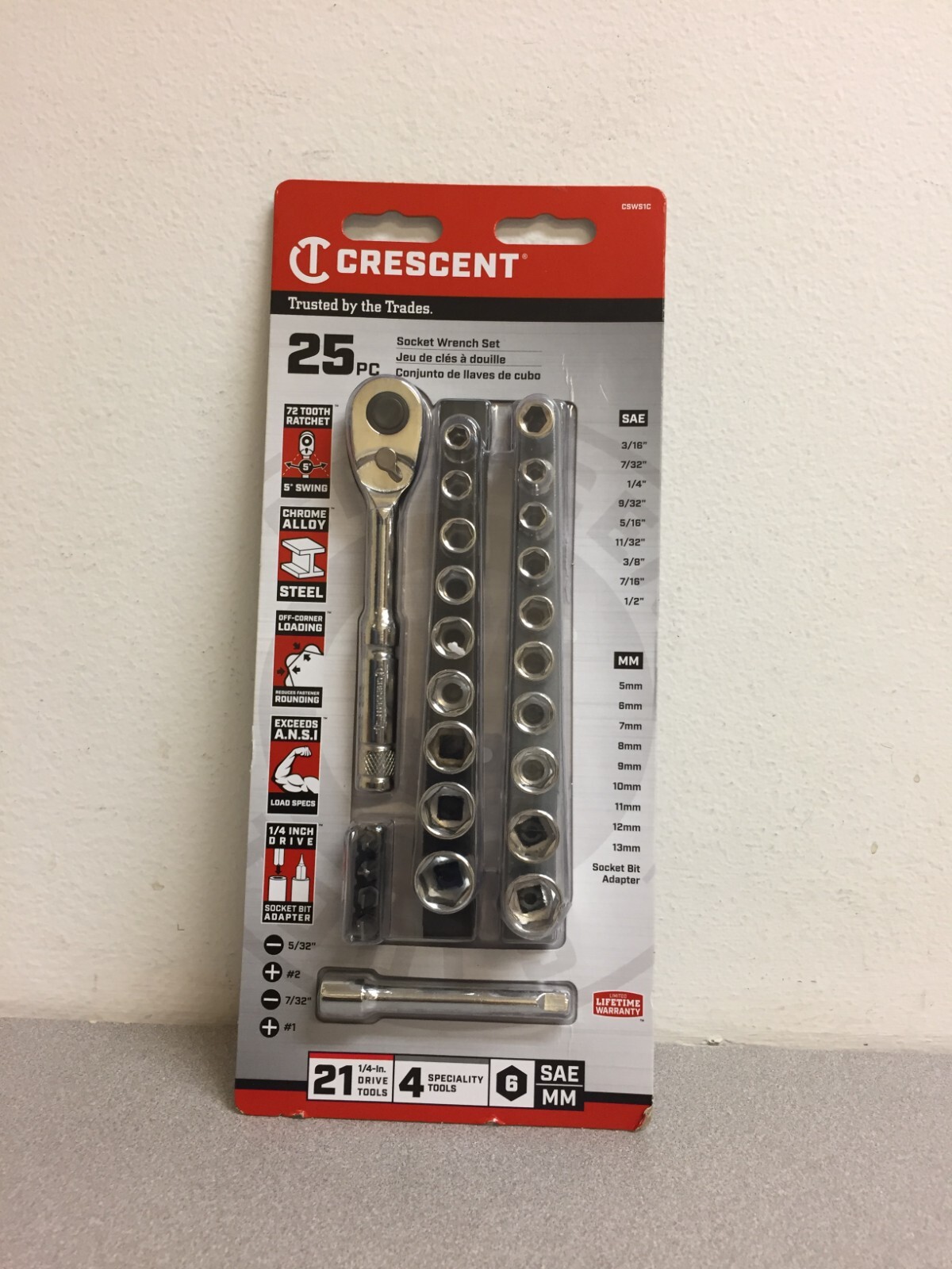 Crescent 1/4 in. X 1/4 in. drive Metric and SAE 6 Point Socket Wrench Set 25 pc