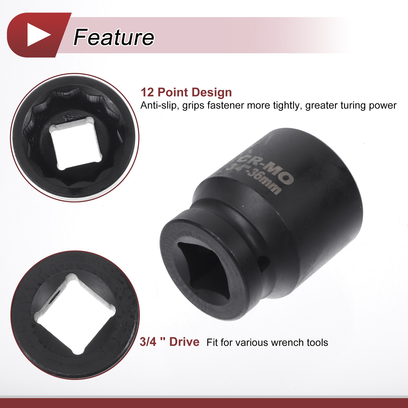 Universal 3/4 Inch Drive Impact Socket 36mm 12 Point High Carbon Steel 1 Pcs