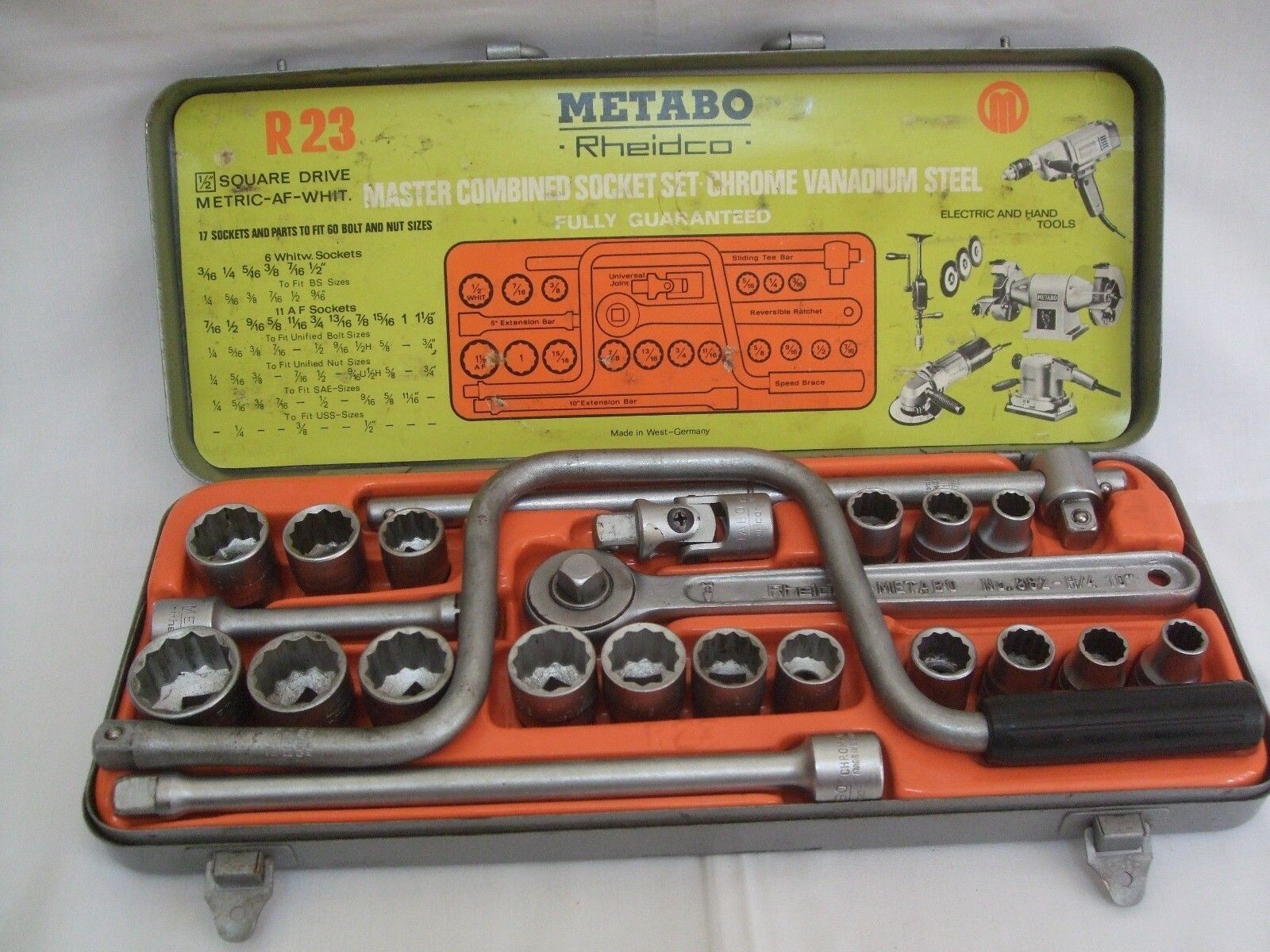 23pc Metabo Rheidco Socket Set 1/2″ dr Made Germany SAE/Whit (3 sockets Elora)