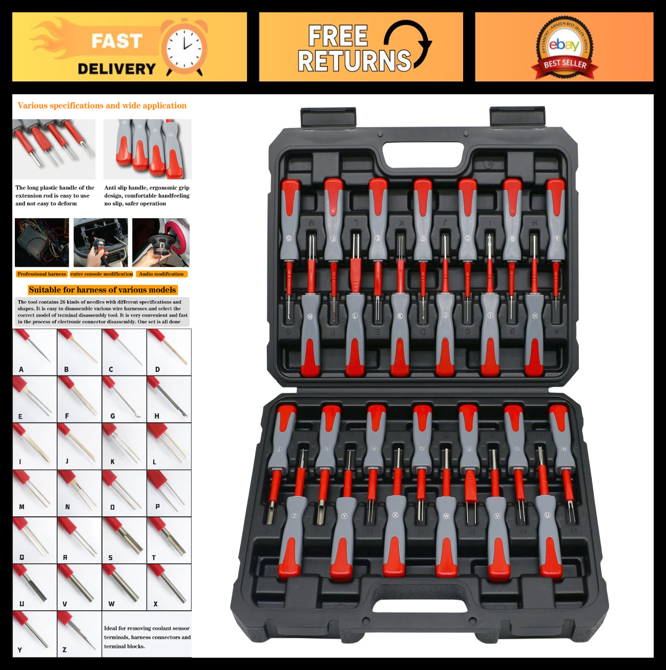 26PCS Terminal Removal Tool Kit, Automotive Depinning & Connector Pin Ejector Se