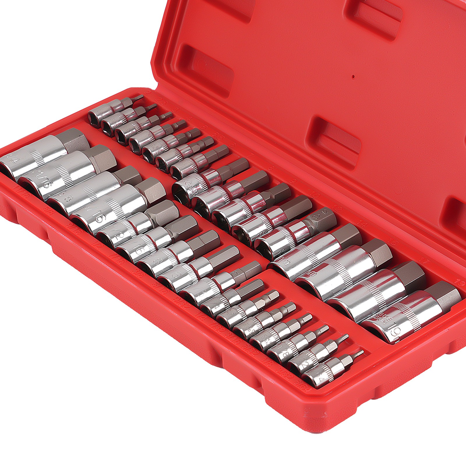Hex Bit Socket Set 32 Pcs 1/4 3/8 1/2 Drive S2 Steel Metric SAE Chrome