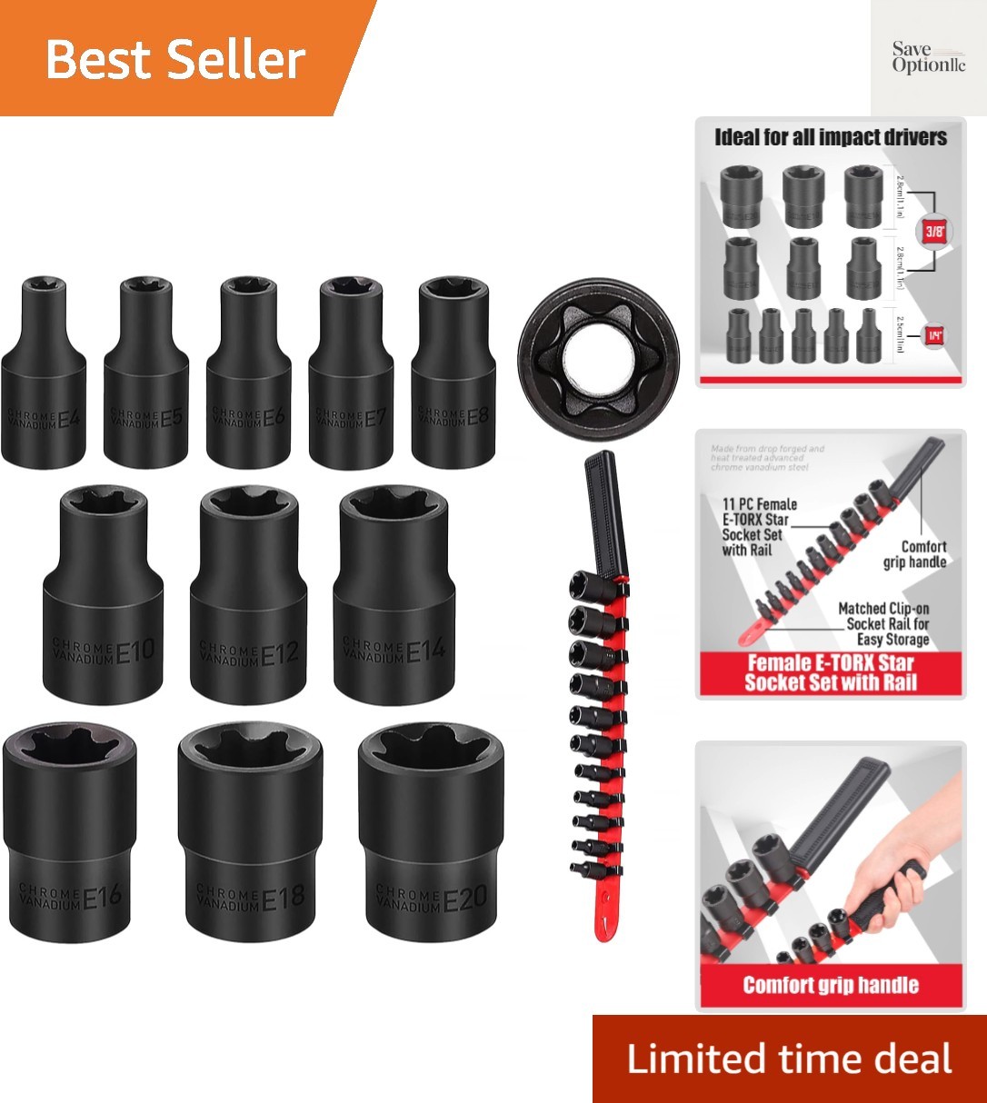 Complete E-Torx Socket Set – 11 Pieces E4 E5 E6 E7 E8 E10 to E20, with Organizer
