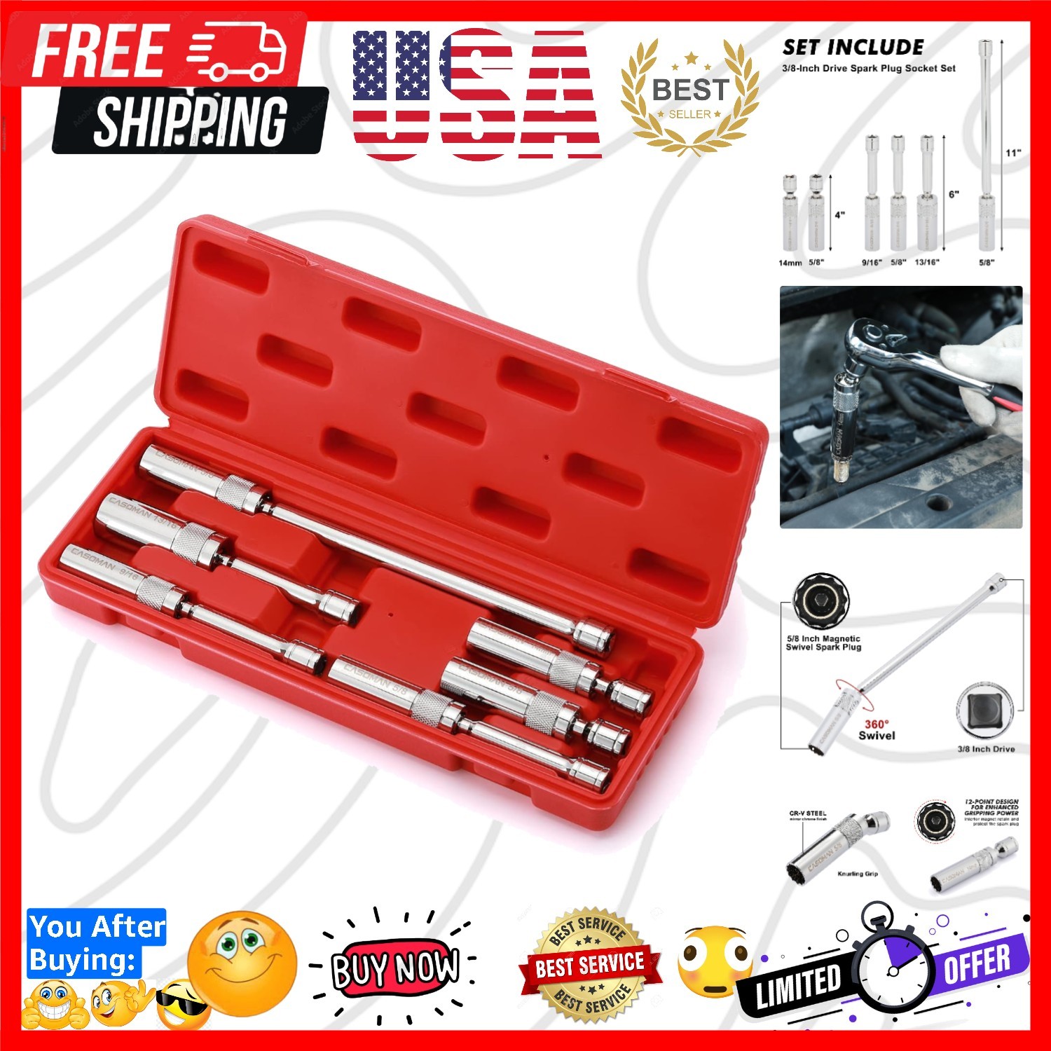 6PCS 3/8-Inch Drive Magnetic Swivel Spark Plug Socket Set, Include 9/16-Inch,…